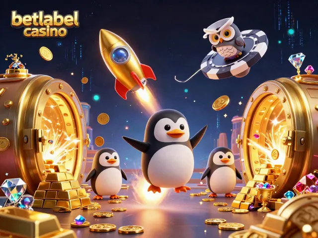Play exciting games at betlabel casino with a golden penguin and poker chip space station.