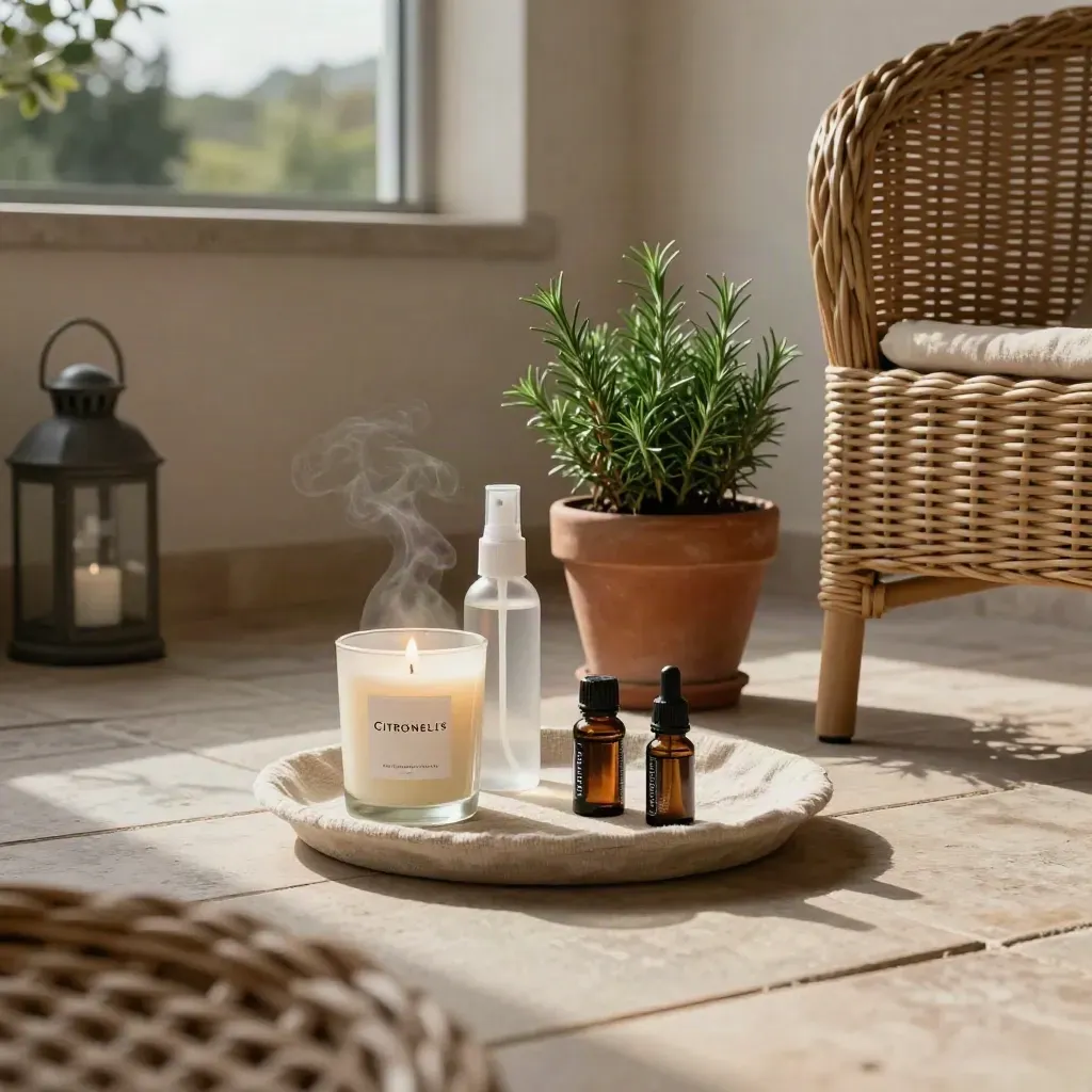 Vela citronela, spray y aceite sobre una terraza junto a una silla de mimbre y romero.