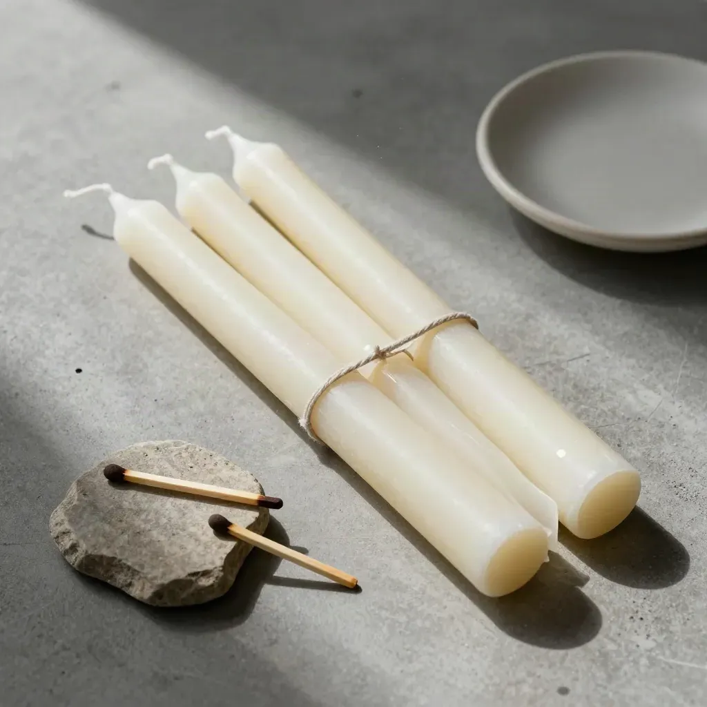 Cuatro velas de citronela, fósforos y plato cerámico sobre piedra, vista cenital.