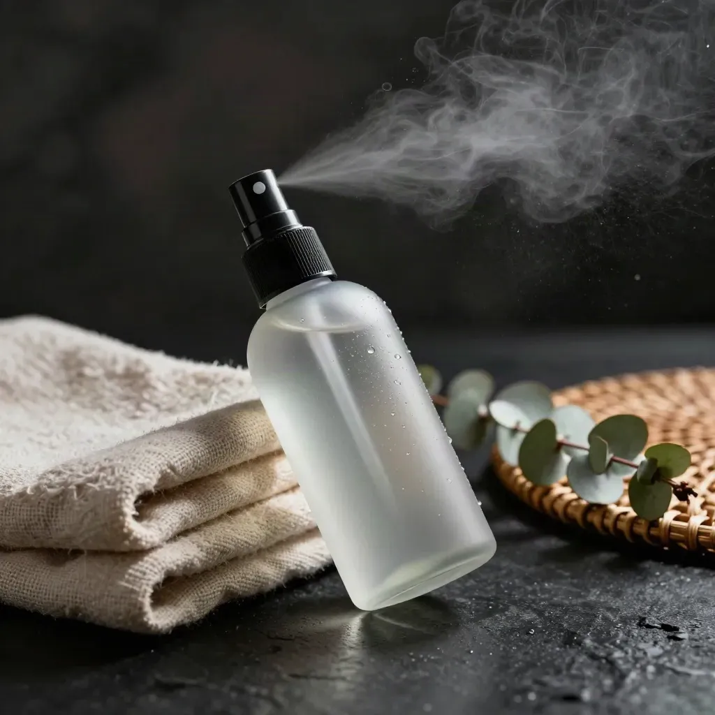Spray ambientador de citronela con niebla, tela doblada, rattan y rama de eucalipto sobre fondo oscuro.