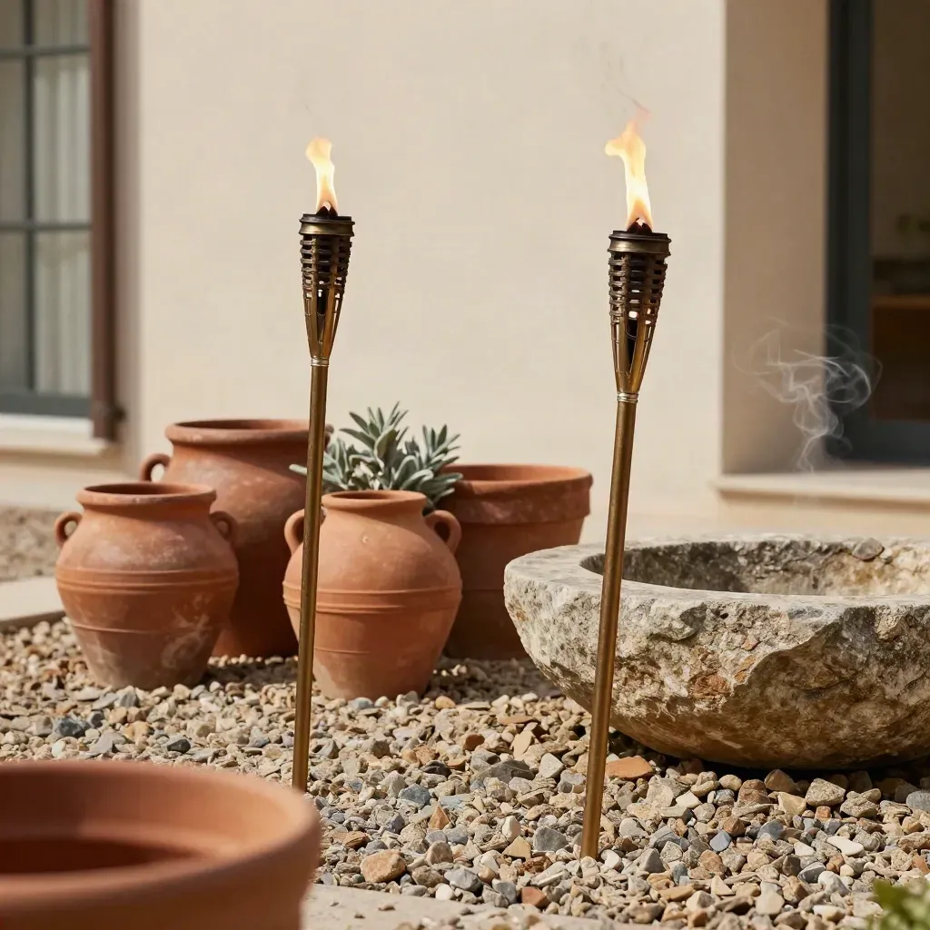 Dos antorchas de patio encendidas junto a macetas de terracota y un brasero de piedra al atardecer.