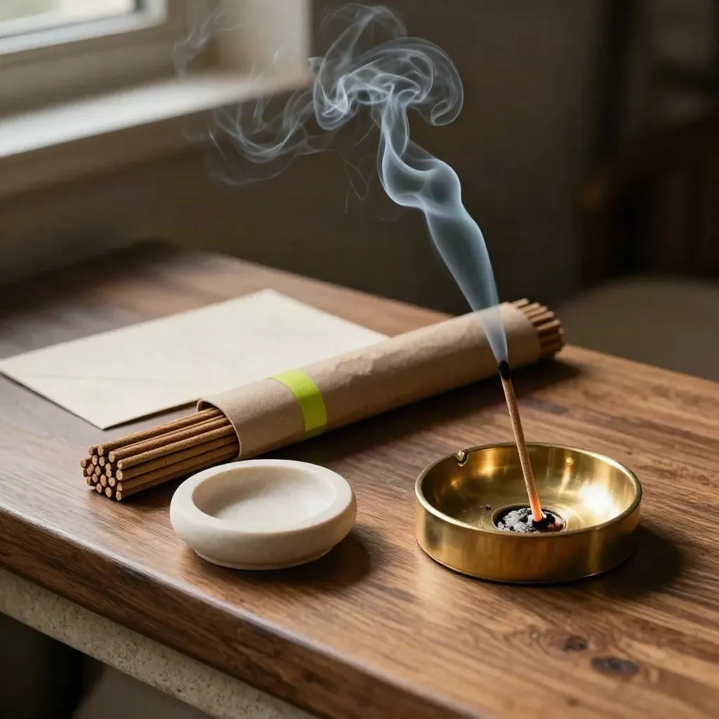 Varillas de incienso con brasas, humo azul gris y porta incienso de latón sobre madera nogal.