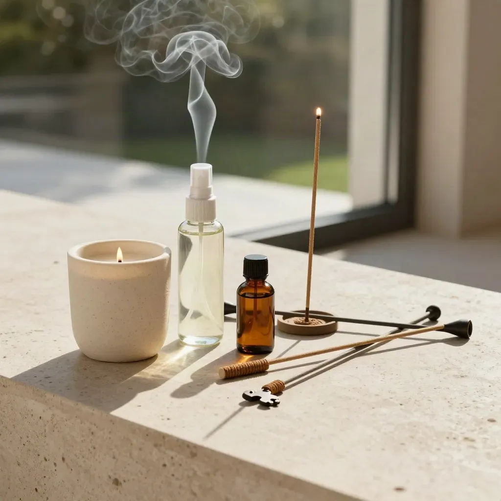 Kit de terraza con vela, spray, aceite e incensario sobre piedra clara, con luz dramática y humo suave.