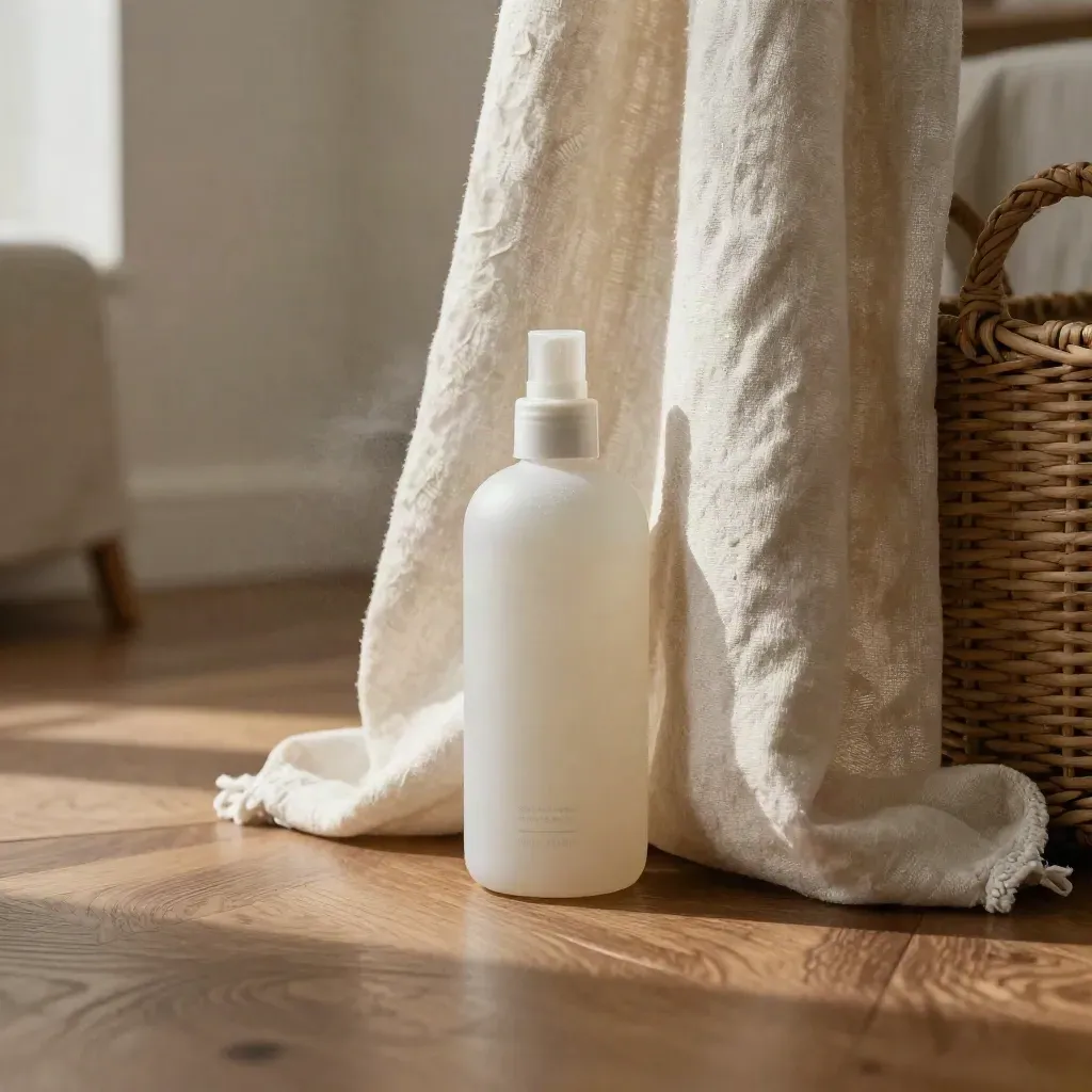 Spray textil junto a cortina doblada y cesta de mimbre, con bruma suave.