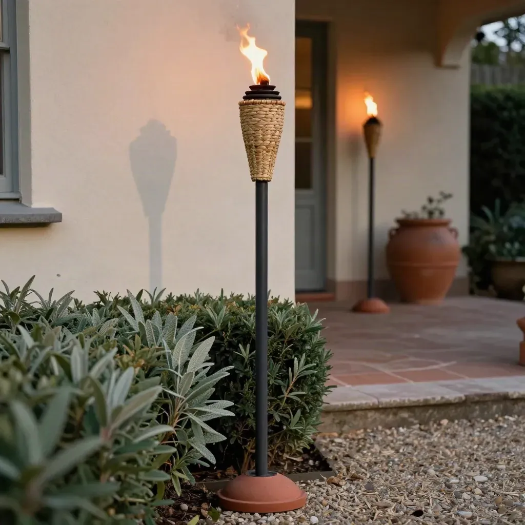 Antorcha de jardín con llama alta junto a seto recortado y maceta de terracota.