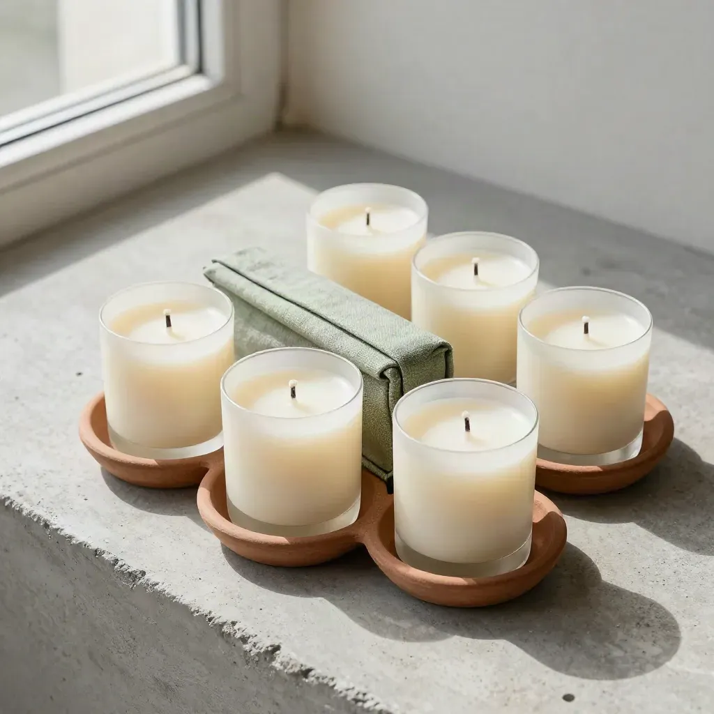 Seis velas pequeñas de citronela abiertas, con lino salvia y un cuenco de barro sobre cemento claro.