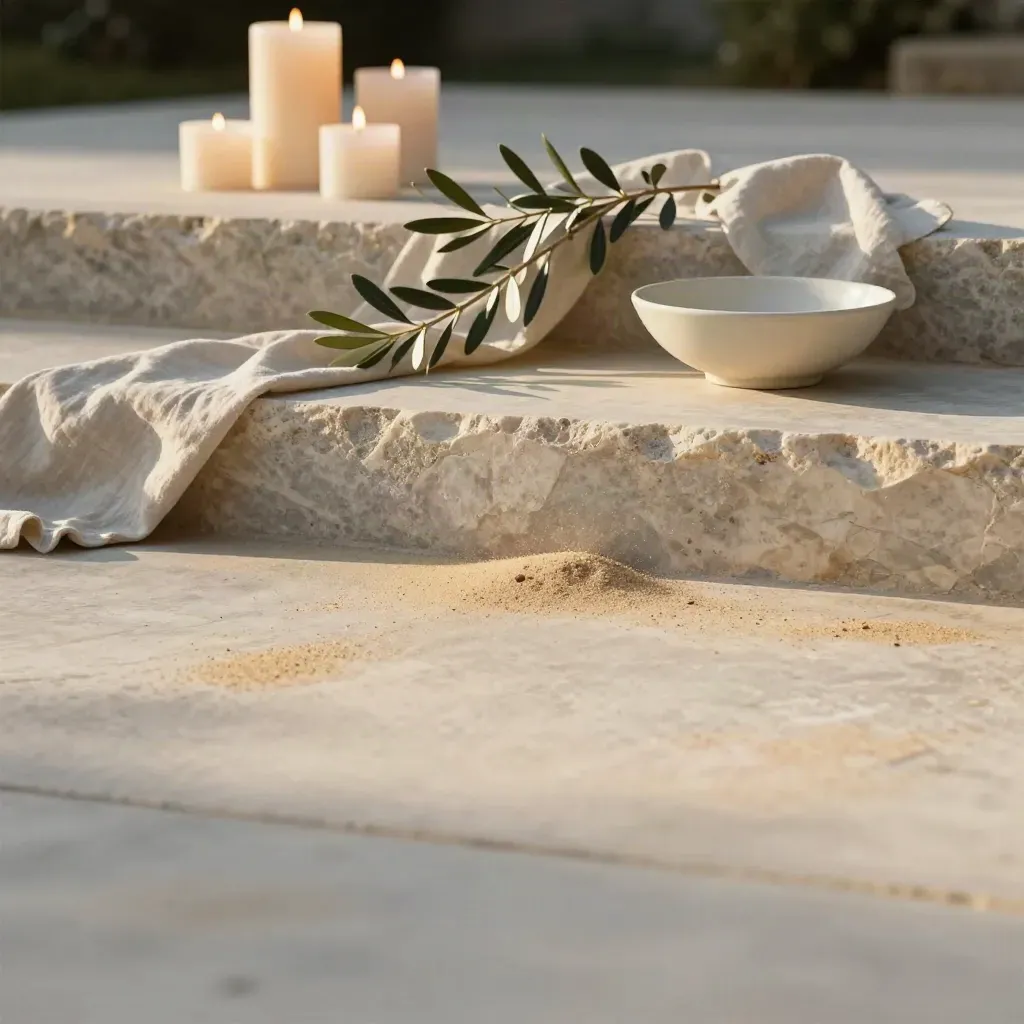 Terraza de travertino con velas, lino, rama de olivo y cuenco, luz cálida y espacio para texto.