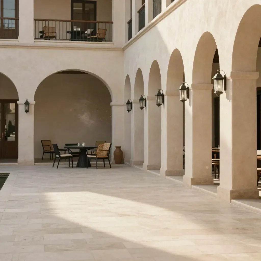 Patio de hotel con arcos altos, suelo claro y comedor exterior suave al fondo.